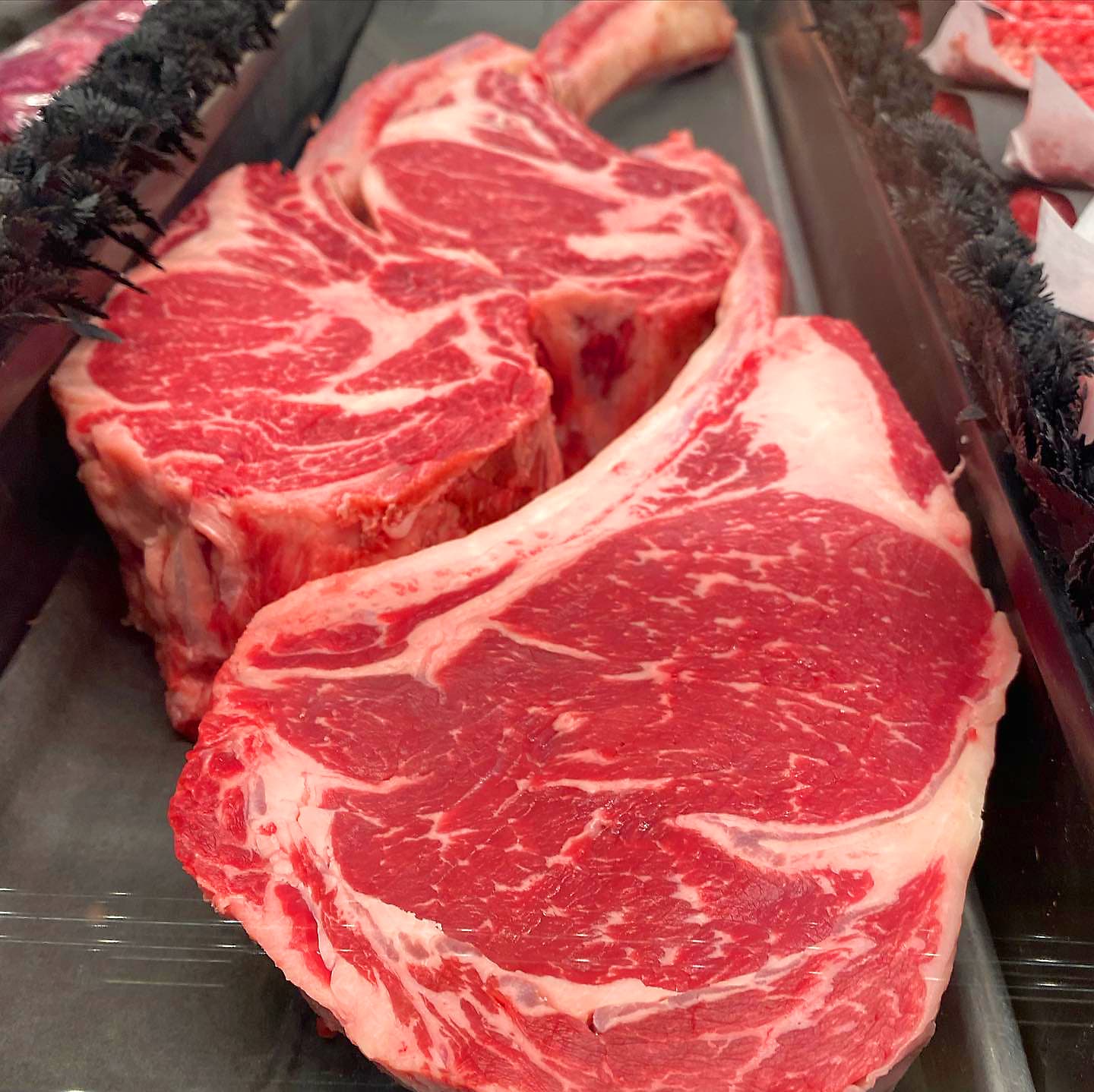 Dry-aged ribeyes stacked in Alpine's butcher case